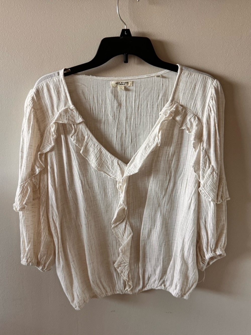 Max Studio Cream Ruffle-Trim V-Neck Blouse